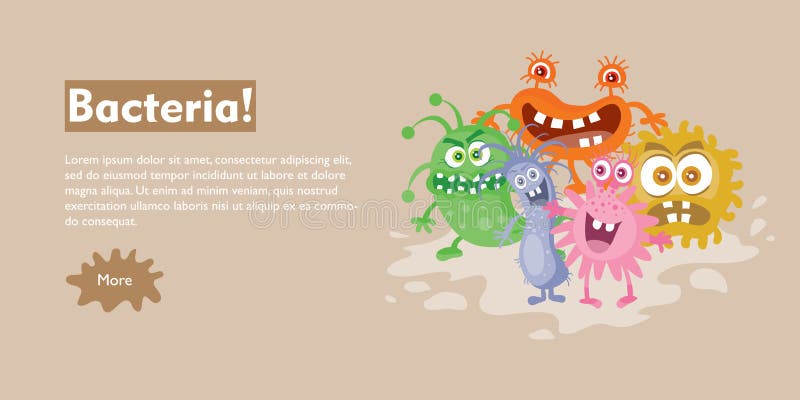 Bandera plana del web del vector de la historieta de las bacterias stock de ilustración Bandera plana del web del vector de la historieta de las bacterias stock de ilustración