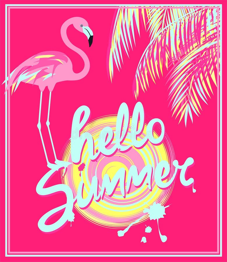 Bandera rosada con las letras del dibujo de la mano del verano del color de la menta hola, el sol, las hojas de palma rosadas y e ilustración del vector Bandera rosada con las letras del dibujo de la mano del verano del color de la menta hola, el sol, las hojas de palma rosadas y e ilustración del vector