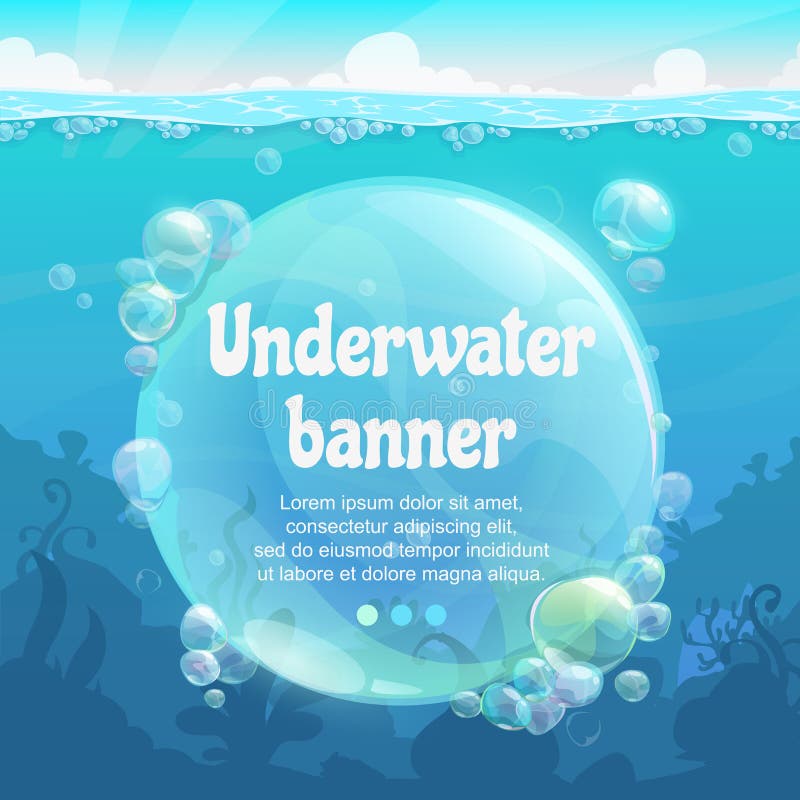 Bandera subacuática con las burbujas de aire brillantes en la parte inferior de mar azul libre illustration Bandera subacuática con las burbujas de aire brillantes en la parte inferior de mar azul libre illustration