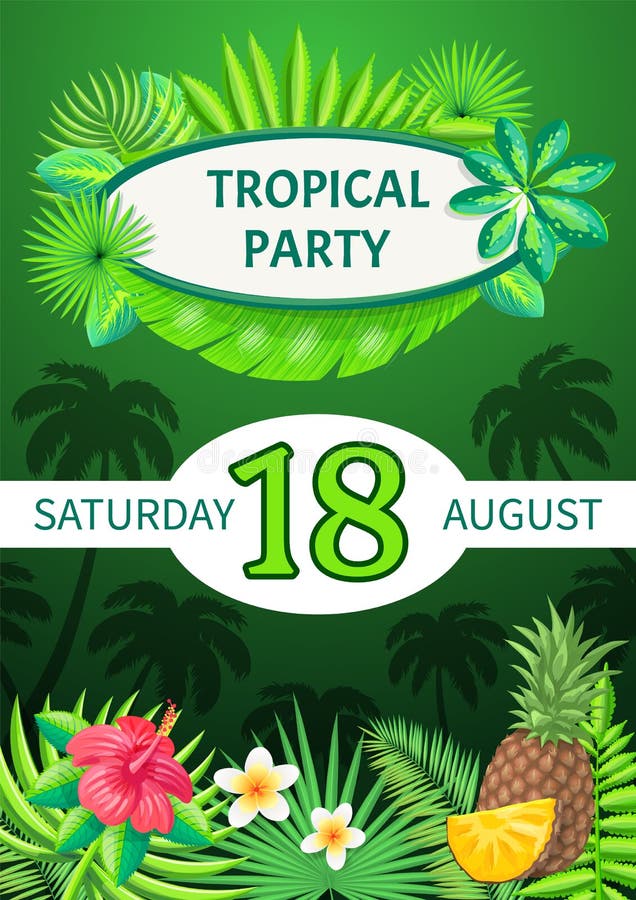 Bandera tropical del tema del partido, cartel del verano del vector stock de ilustración Bandera tropical del tema del partido, cartel del verano del vector stock de ilustración