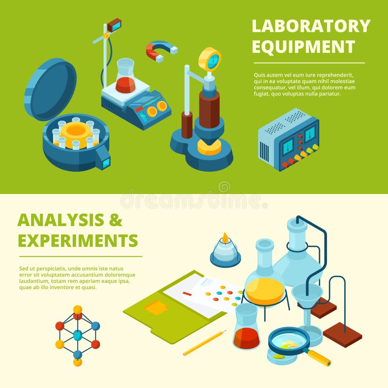 Banderas científicas El sitio y el equipo médicos o químicos del laboratorio del experimento vector imágenes isométricas libre illustration Banderas científicas El sitio y el equipo médicos o químicos del laboratorio del experimento vector imágenes isométricas libre illustration