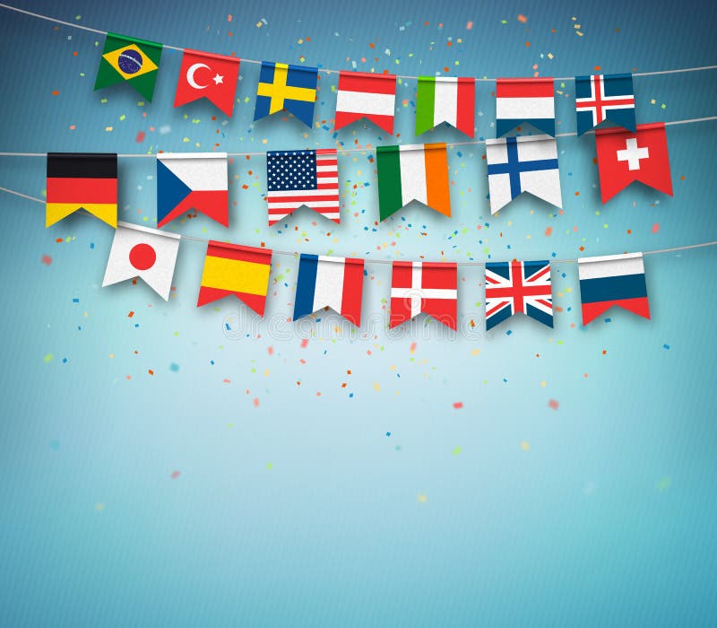 Banderas coloridas del mundo de los países diferentes Guirnalda con las banderas internacionales stock de ilustración Banderas coloridas del mundo de los países diferentes Guirnalda con las banderas internacionales stock de ilustración