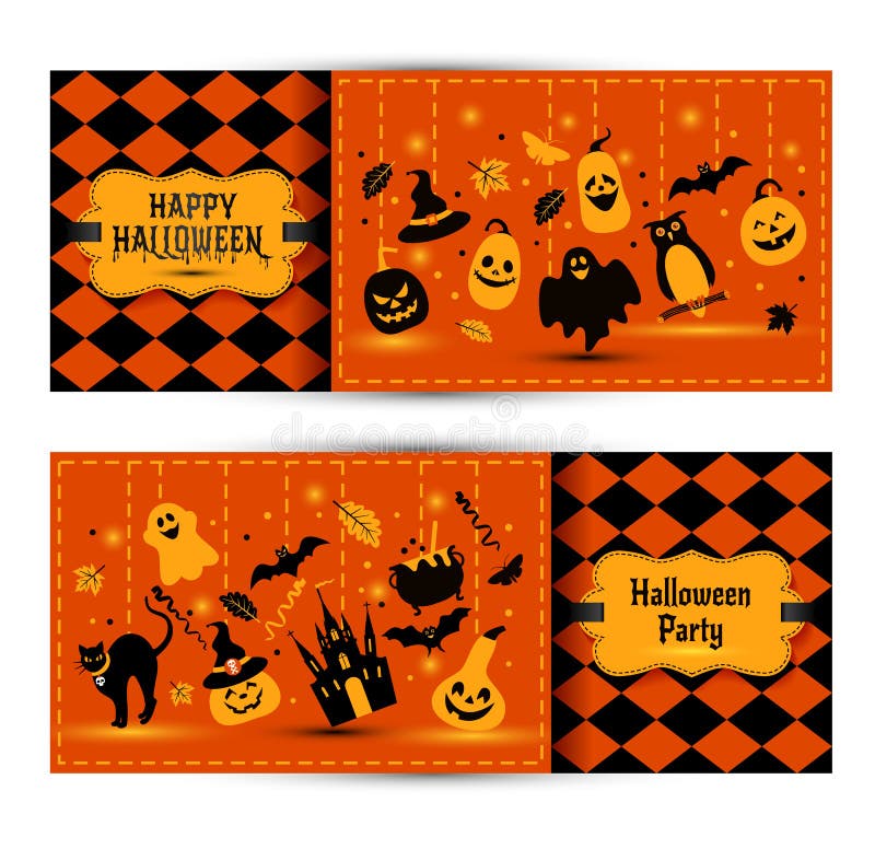 Banderas de Halloween fijadas en fondo de los colores Invitación a la noche ilustración del vector Banderas de Halloween fijadas en fondo de los colores Invitación a la noche ilustración del vector