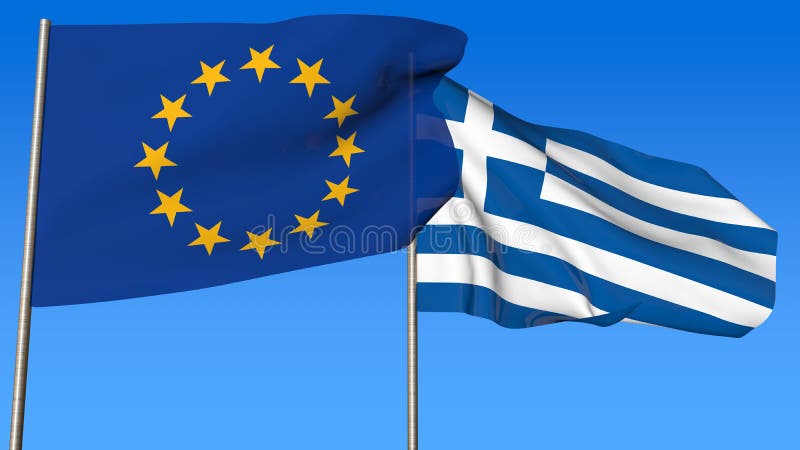 Banderas de la Comunidad Europea y de Grecia en el fondo del cielo azul libre illustration Banderas de la Comunidad Europea y de Grecia en el fondo del cielo azul libre illustration