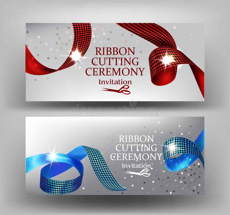 Banderas de la invitación de la ceremonia del corte de la cinta con rojo y azul rizados con las cintas de la impresión ilustración del vector Banderas de la invitación de la ceremonia del corte de la cinta con rojo y azul rizados con las cintas de la impresión ilustración del vector