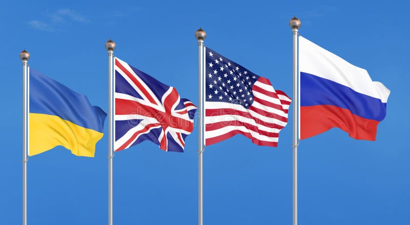 Banderas de los Estados Unidos de América, de Reino Unido, de Rusia, y de Ucrania Memorándum de Budapest en garantías de la segur libre illustration Banderas de los Estados Unidos de América, de Reino Unido, de Rusia, y de Ucrania Memorándum de Budapest en garantías de la segur libre illustration
