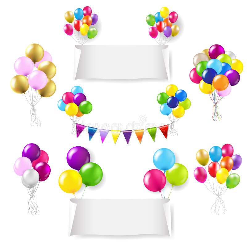 Banderas de papel blanco conjunto con globo de color conjunto fondo blanco stock de ilustración