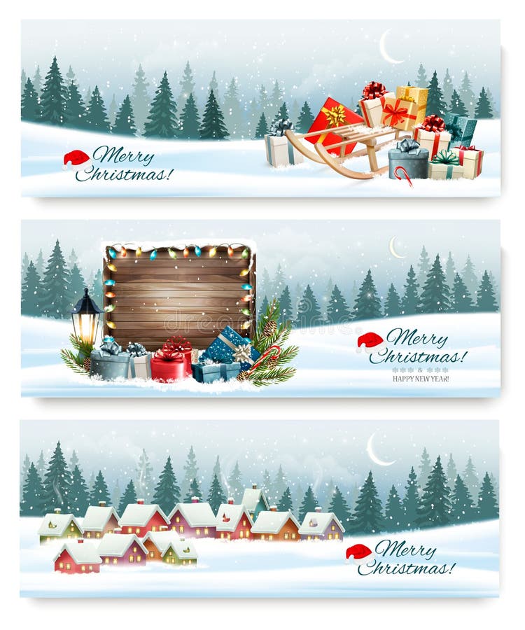 Banderas del día de fiesta de la Feliz Navidad con un pueblo del invierno. Banderas del día de fiesta de la Feliz Navidad con un pueblo y los presentes del invierno Vector
