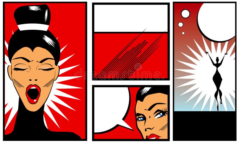 Pop art Comic Book Style Banners with beautiful woman in black blouse yawning stretching and talking. Pop art Comic Book Style Banners with beautiful woman in black blouse yawning stretching and talking