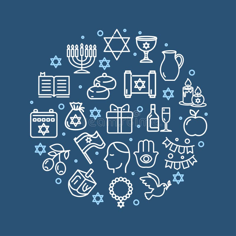 Israel Hanukkah Sign Round Design Template Thin Line Icon Banner on a Blue Background. Vector illustration. Israel Hanukkah Sign Round Design Template Thin Line Icon Banner on a Blue Background. Vector illustration