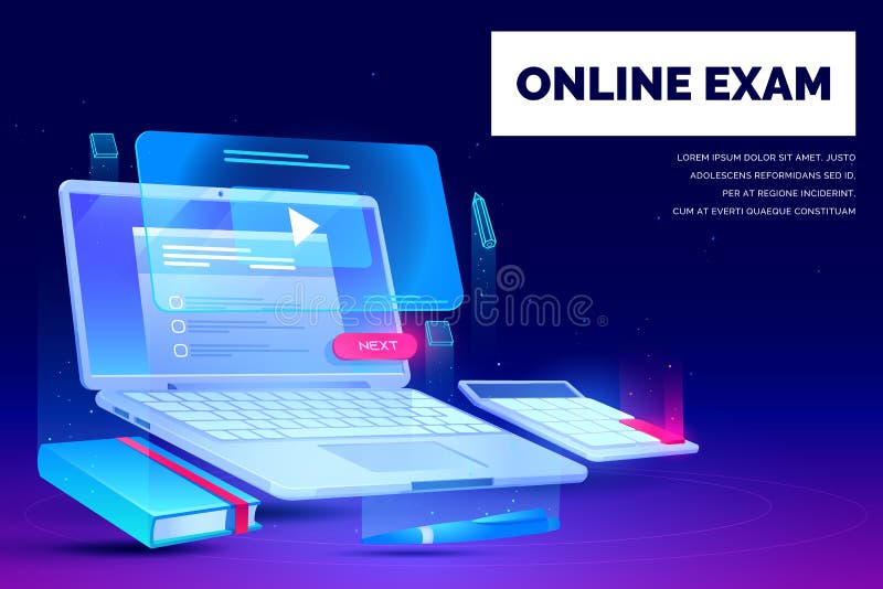 Online exam, distant education landing page, laptop with task checklist and video application for webinars and school stationery neon glowing futuristic background. Cartoon vector illustration, banner. Online exam, distant education landing page, laptop with task checklist and video application for webinars and school stationery neon glowing futuristic background. Cartoon vector illustration, banner