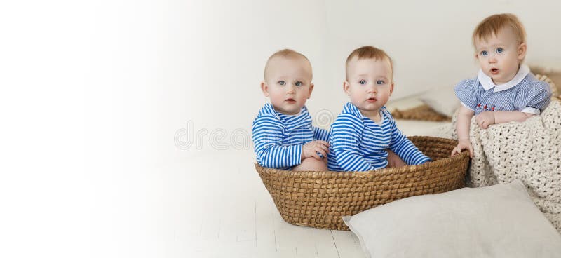 Three small babies, 2 boys and a girl in marine costumes. Triplets in striped T-shirts are sitting in a large basket. Banner with copy space. The concept of reproductive medicine. Eco. Three small babies, 2 boys and a girl in marine costumes. Triplets in striped T-shirts are sitting in a large basket. Banner with copy space. The concept of reproductive medicine. Eco.