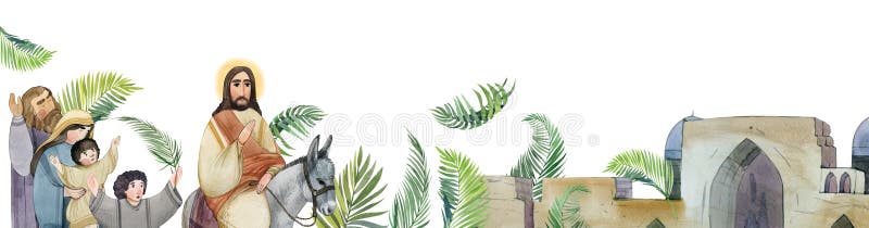 Banderolă pentru palmier duminică. isus Hristos pe un măgar ramuri de palmier Ierusalim oamenii salută regele. pentru biserică cre stock illustration