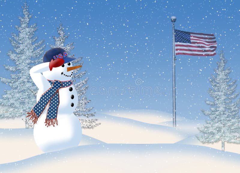Bandiera americana di saluto del pupazzo di neve illustrazione di stock Bandiera americana di saluto del pupazzo di neve illustrazione di stock