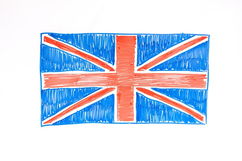 Bandiera britannica disegnata con marcatori sul board Impara l'inglese, la scuola di lingua fotografia stock Bandiera britannica disegnata con marcatori sul board Impara l'inglese, la scuola di lingua fotografia stock