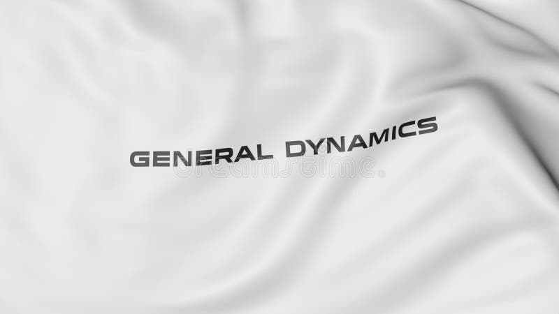 Bandiera d'ondeggiamento con il logo di General Dynamics Rappresentazione editoriale 3D. Bandiera d'ondeggiamento con il logo di General Dynamics 3D editoriale