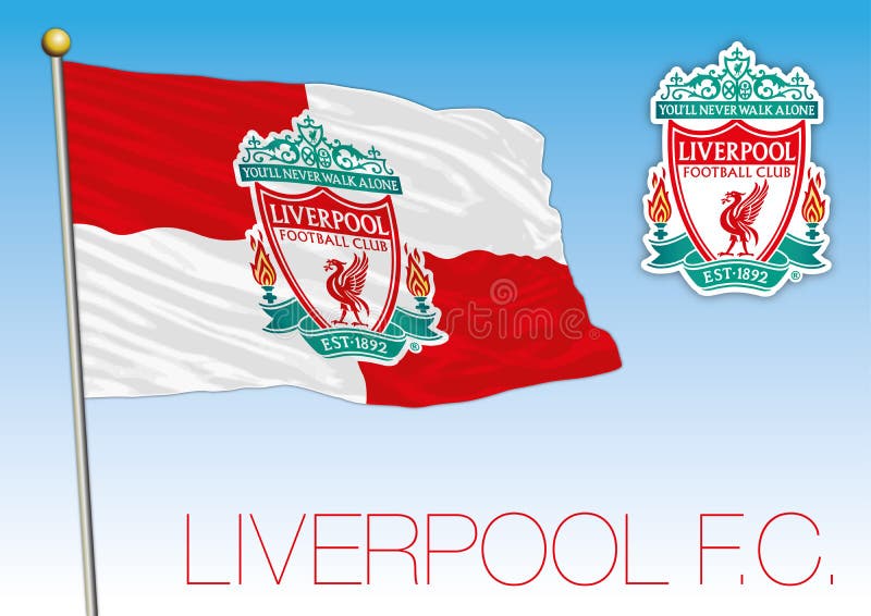 Bandiera del club di calcio di Liverpool e cresta, Inghilterra 2018 illustrazione di stock Bandiera del club di calcio di Liverpool e cresta, Inghilterra 2018 illustrazione di stock