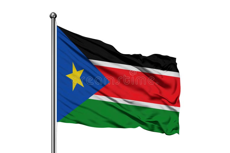 Bandiera del Sudan del sud che ondeggia nel vento, fondo bianco isolato fotografia stock Bandiera del Sudan del sud che ondeggia nel vento, fondo bianco isolato fotografia stock