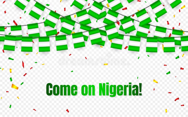 Bandiera della ghirlanda della Nigeria con i coriandoli su fondo trasparente, stamina di caduta per l'insegna del modello di cele illustrazione di stock Bandiera della ghirlanda della Nigeria con i coriandoli su fondo trasparente, stamina di caduta per l'insegna del modello di cele illustrazione di stock