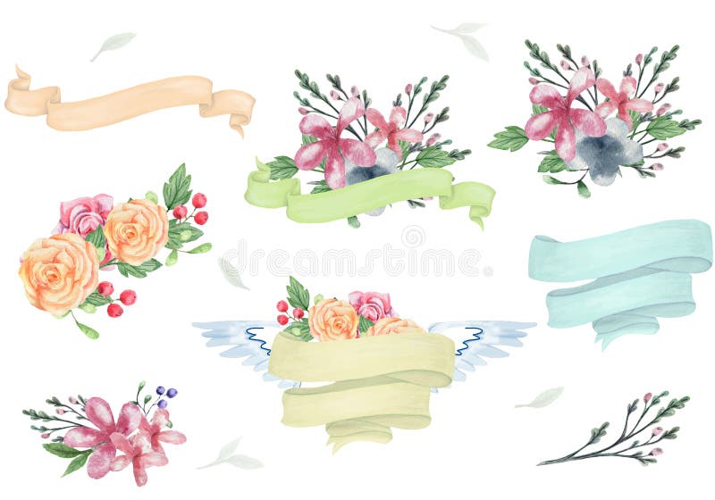 Bandiera floreale delle strutture dell'elemento di colore dell'acquerello del disegno di progettazione di Bounquet dei fiori dei illustrazione di stock