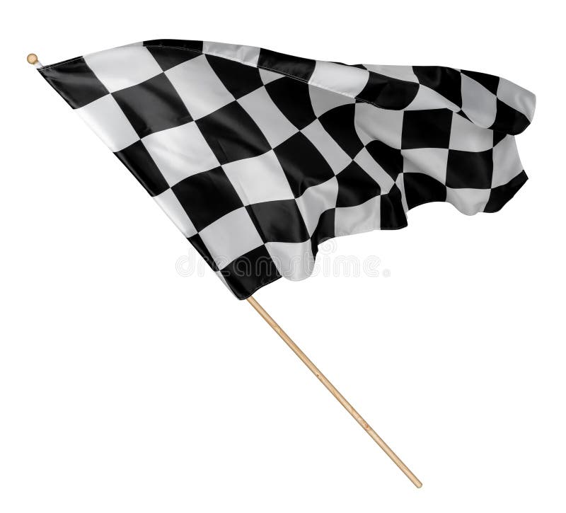 Bandiera striata o a quadretti della razza bianca nera con fondo isolato bastone di legno concetto di corsa di simbolo del motors