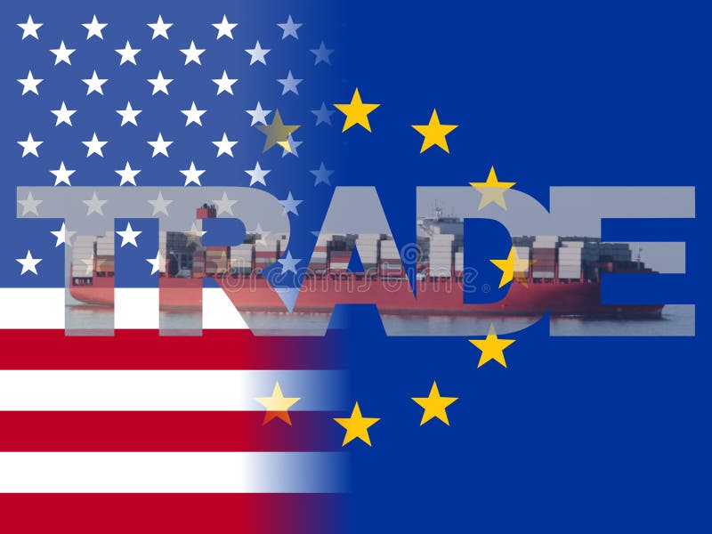 Bandiere americane di UE con l'illustrazione commerciale del testo illustrazione di stock Bandiere americane di UE con l'illustrazione commerciale del testo illustrazione di stock