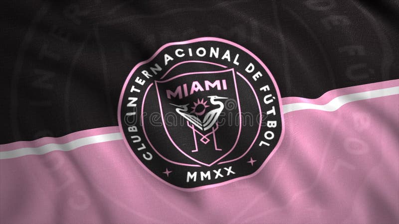 Bandiere con emblemi delle società calcistiche. moto. inter miami della squadra di calcio americana. sfondo dell'onda del flag 3d