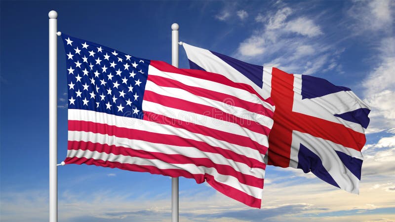 Bandiere d'ondeggiamento di U.S.A. e del Regno Unito sull'asta della bandiera