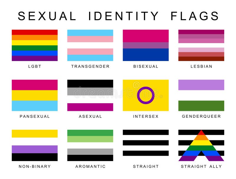 Bandiere dell'orgoglio dell'identità sessuale apposte sui simboli lgbt. sesso gay transessuale bisessuale lesbica e altri. vettore