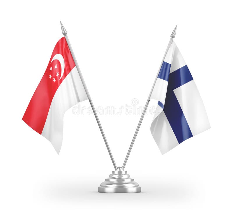 Bandiere della tavola finlandia e di singapore isolate in bianco in 3d rendering. Flag di tabella finlandia e singapore isolati su sfondo bianco 3d rendering