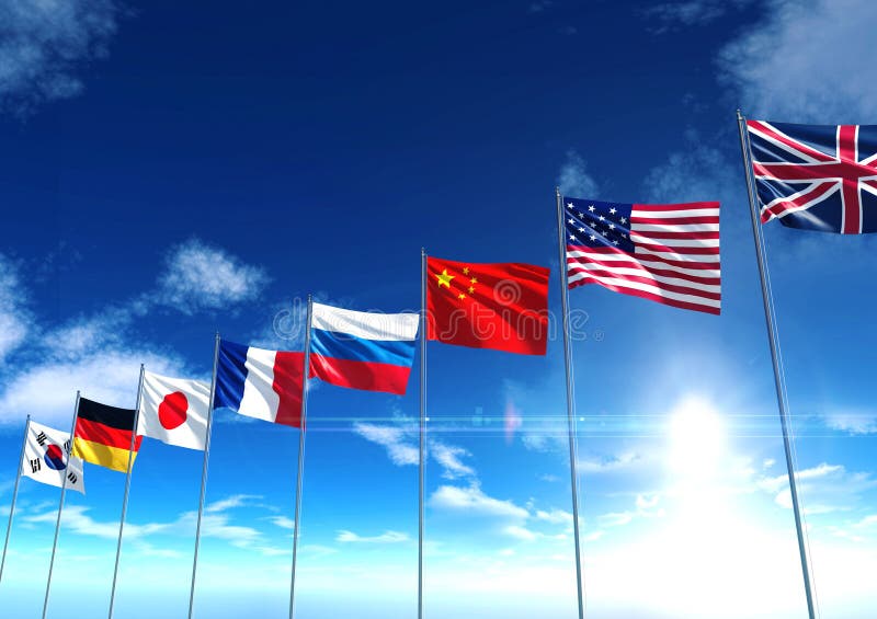 Bandiere di paese internazionale sotto cielo blu