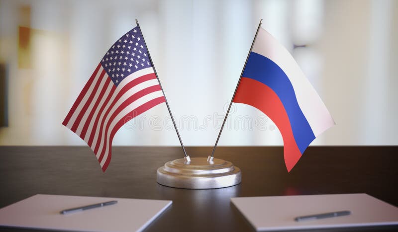 Bandiere USA e russa sul tavolo Negoziati tra Russia e Stati Uniti Illustrazione 3D resa