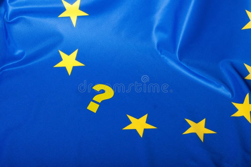 Detail of Silky Flag of Blue European Union EU Flag Drapery With Question Mark. Detail of Silky Flag of Blue European Union EU Flag Drapery With Question Mark