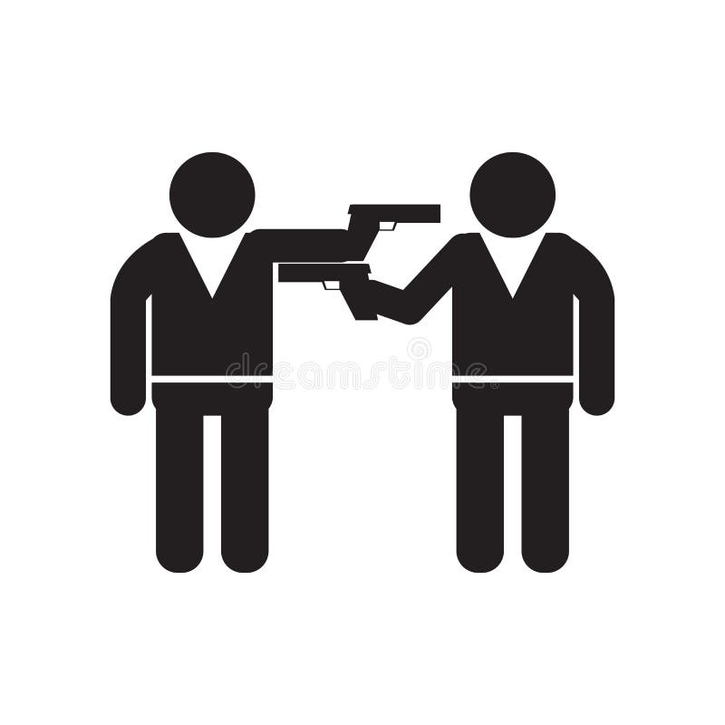 Bandits doublement armés se dirigeant avec leur signe et symbole de vecteur d'icône de bras d'isolement sur le fond blanc, double illustration stock Bandits doublement armés se dirigeant avec leur signe et symbole de vecteur d'icône de bras d'isolement sur le fond blanc, double illustration stock
