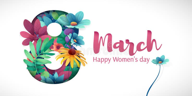 Baner för den internationella dagen för kvinna` s Reklamblad för mars 8 med dekoren av blommor Inbjudningar med numret 8 in