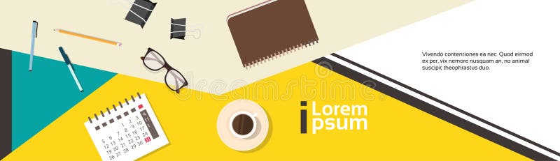 Baner för kalender för anteckningsbok för sikt för vinkel för affärsarbetsplats skrivbords- med kopieringsutrymme stock illustrationer