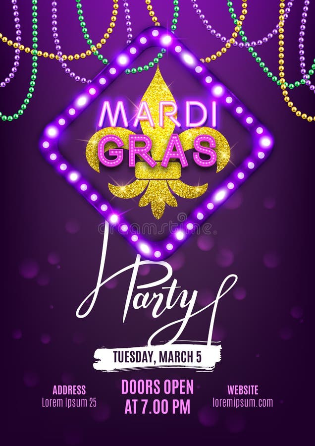 Baner för Mardi Gras partikarneval, dekorativa pärlor och skinande guld- symbol, vektorillustration royaltyfri illustrationer
