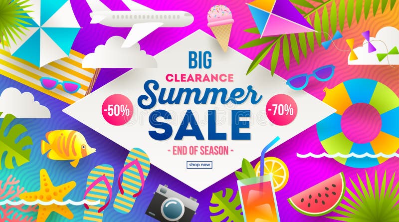 Baner för sommarförsäljningsbefordran Semester, ferier och färgrik ljus bakgrund för lopp Affisch- eller reklambladdesign royaltyfri illustrationer