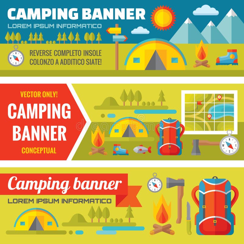 Summer camping - mountain expedition adventures - vector decorative banners set in flat style design trend. Summer camping vector backgrounds. Tourism flat icons. Design elements. Summer camping - mountain expedition adventures - vector decorative banners set in flat style design trend. Summer camping vector backgrounds. Tourism flat icons. Design elements.