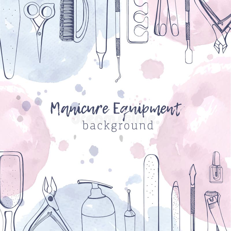 Baner kwadratowy z różnymi narzędziami manicure rysowanymi liniami konturowymi i pastelowymi kolorowymi plamkami farb wodnych ilustracja wektor