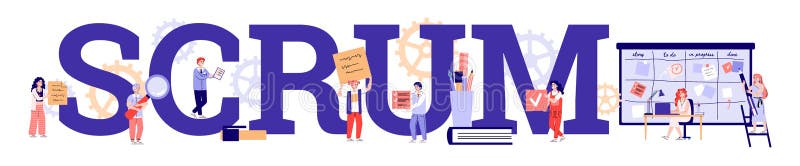 Baner wektorowy z pracującą grupą scrum wykorzystuje metodologię Kanban agile. royalty ilustracja