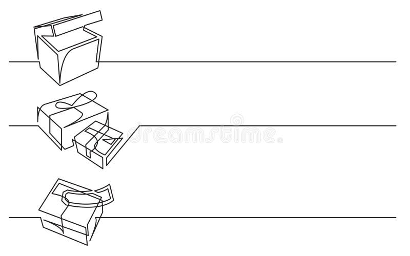 Banerdesign - fortlöpande linje teckning av affärssymboler: ask packar, postleverans vektor illustrationer Banerdesign - fortlöpande linje teckning av affärssymboler: ask packar, postleverans vektor illustrationer