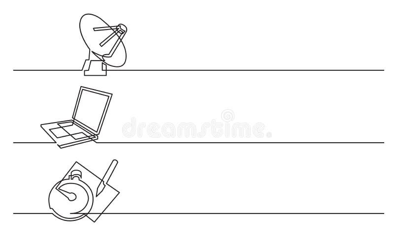 Banerdesign - fortlöpande linje teckning av affärssymboler: satellit- antena, bärbar datordator, stoppur stock illustrationer Banerdesign - fortlöpande linje teckning av affärssymboler: satellit- antena, bärbar datordator, stoppur stock illustrationer