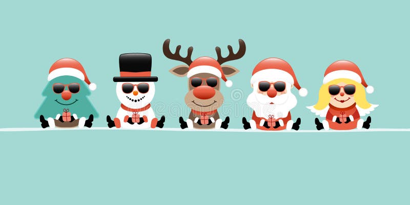 Banerträd, snögubbe, ren, jultomten & Angel Gift Sunglasses Retro vektor illustrationer Banerträd, snögubbe, ren, jultomten & Angel Gift Sunglasses Retro vektor illustrationer