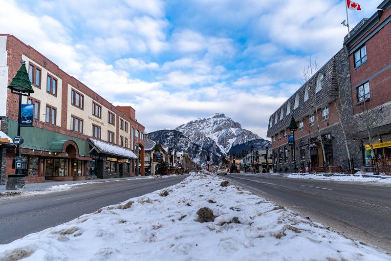 View of Banff Avenue, a popular tourist destination in the Canadian Rockies, filled with