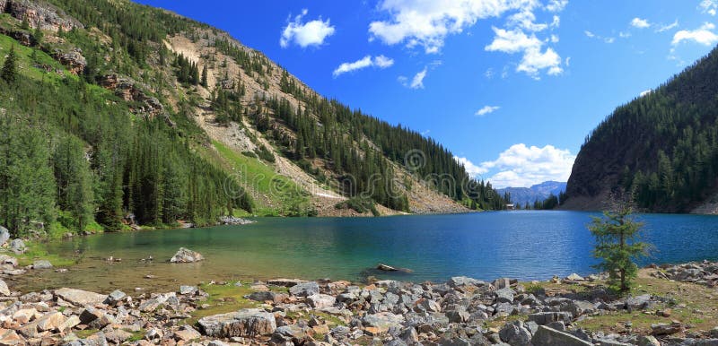 Rocky Mountains Landscape Panorama of Lake Agnes high above Lake Louise, Banff National Park, Alberta, Canada