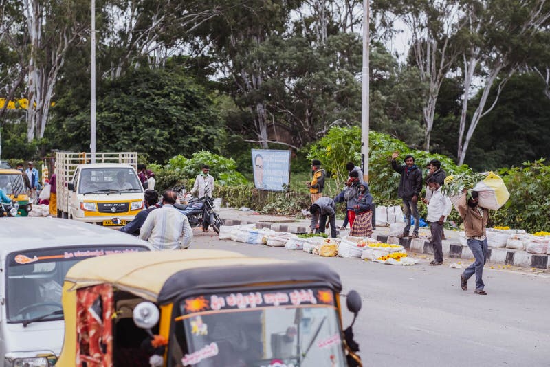Bangalore india avstöt 2020 : blomsterförsäljare på marknaden för färgämnen kr-blommor i bangalore
