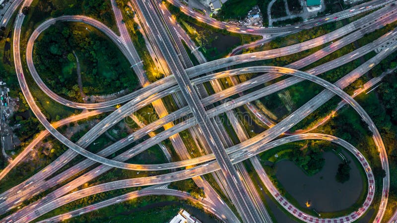 Bangkok Expressway top view, Top view over the highway,expressway and motorway at night, Aerial view interchange of a city, Shot stock photos