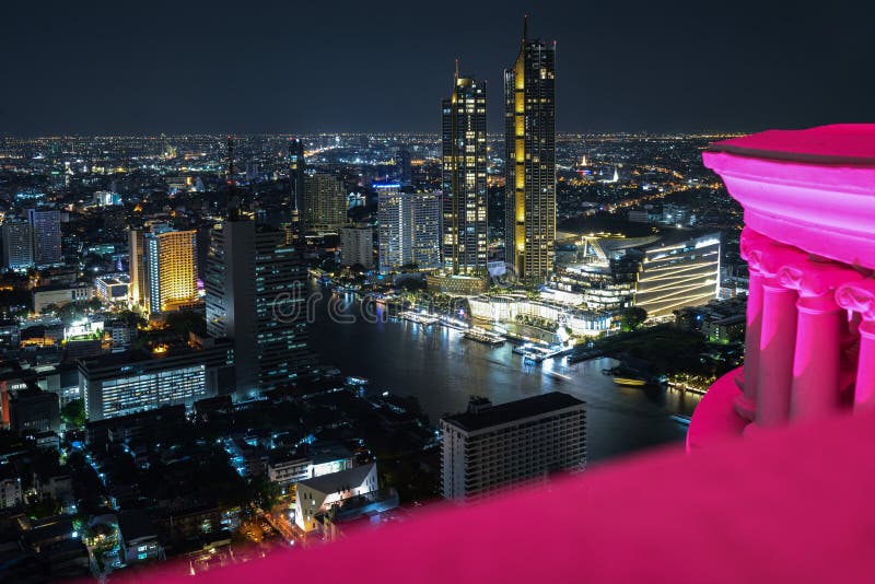 Bangkok at Night Architecture in the Lights in the Skyscraper Editorial