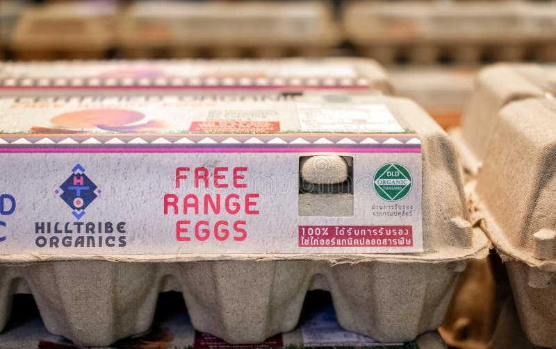 BANGKOK, TAILANDIA - 20 DE MAYO DE 2019: Huevos orgánicos de la gama libre de la materia orgánica de Hilltribe en el cartón de pa fotografía de archivo BANGKOK, TAILANDIA - 20 DE MAYO DE 2019: Huevos orgánicos de la gama libre de la materia orgánica de Hilltribe en el cartón de pa fotografía de archivo